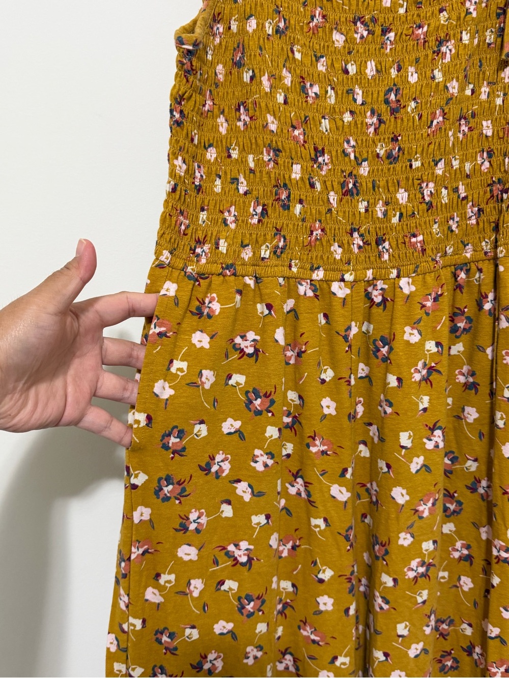 Pact Size Small Mustard Floral Jumpsuit Smocked Wide Leg Organic Cotton Boho - Picture 7 of 7